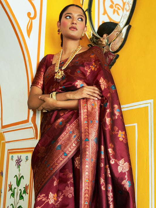 Janasya Maroon Banarasi Silk Woven Dual Tone Floral Design Banarasi Silk Saree | Swadesiicart
