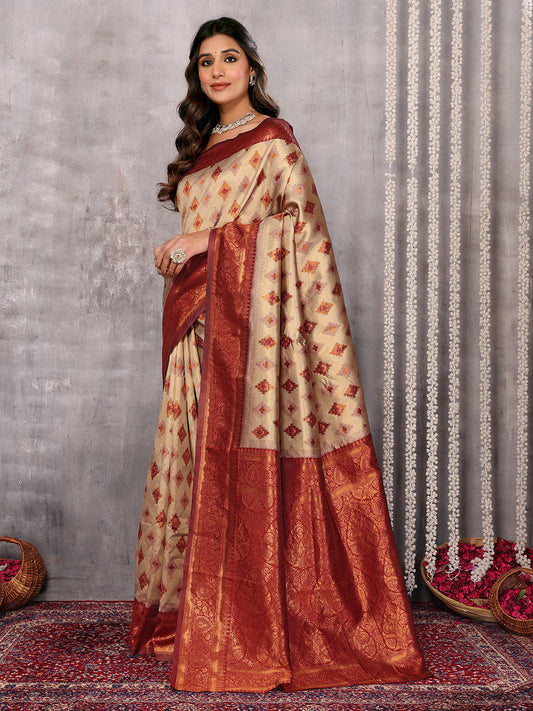 Janasya Beige Silk Blend Ethnic Motifs Kanjivaram Saree | Swadesiicart