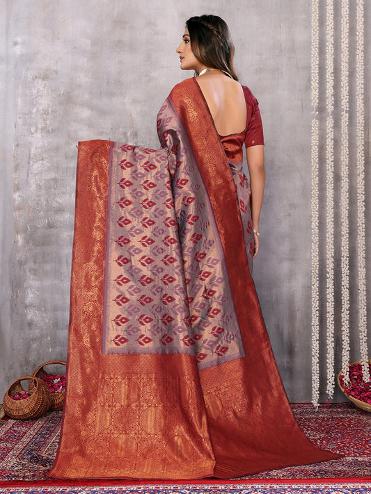 Janasya Grey & Maroon Silk Blend Ethnic Motifs Kanjivaram Saree | Swadesiicart