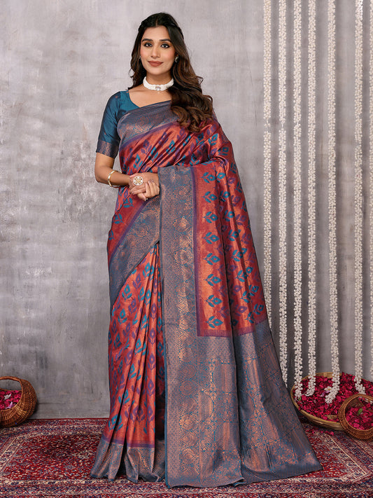 Janasya Purple & Copper Silk Blend Ethnic Motifs Kanjivaram Saree | Swadesiicart