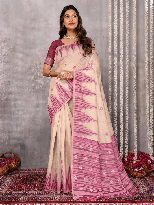 Janasya Beige & Mauve Cotton Linen Geometric Woven Saree | Swadesiicart