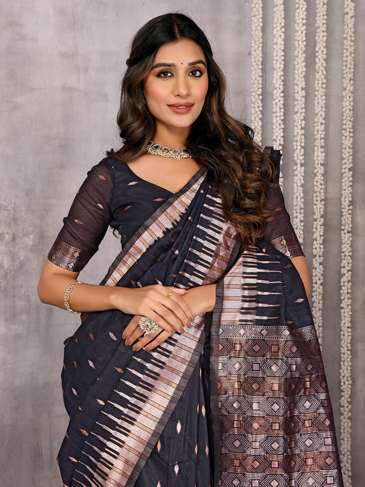 Janasya Black Cotton Linen Geometric Woven Saree | Swadesiicart