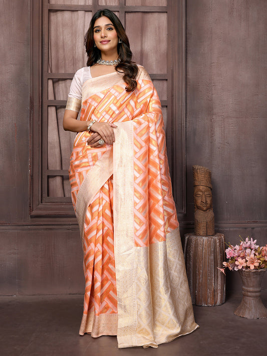 Janasya Peach Cotton Geometric Woven Saree | Swadesiicart