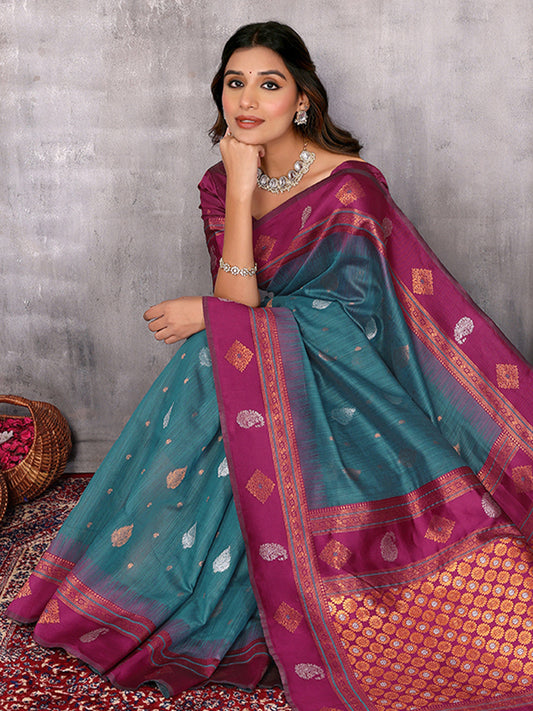 Janasya Teal Blue Cotton Linen Paisley Woven Saree | Swadesiicart