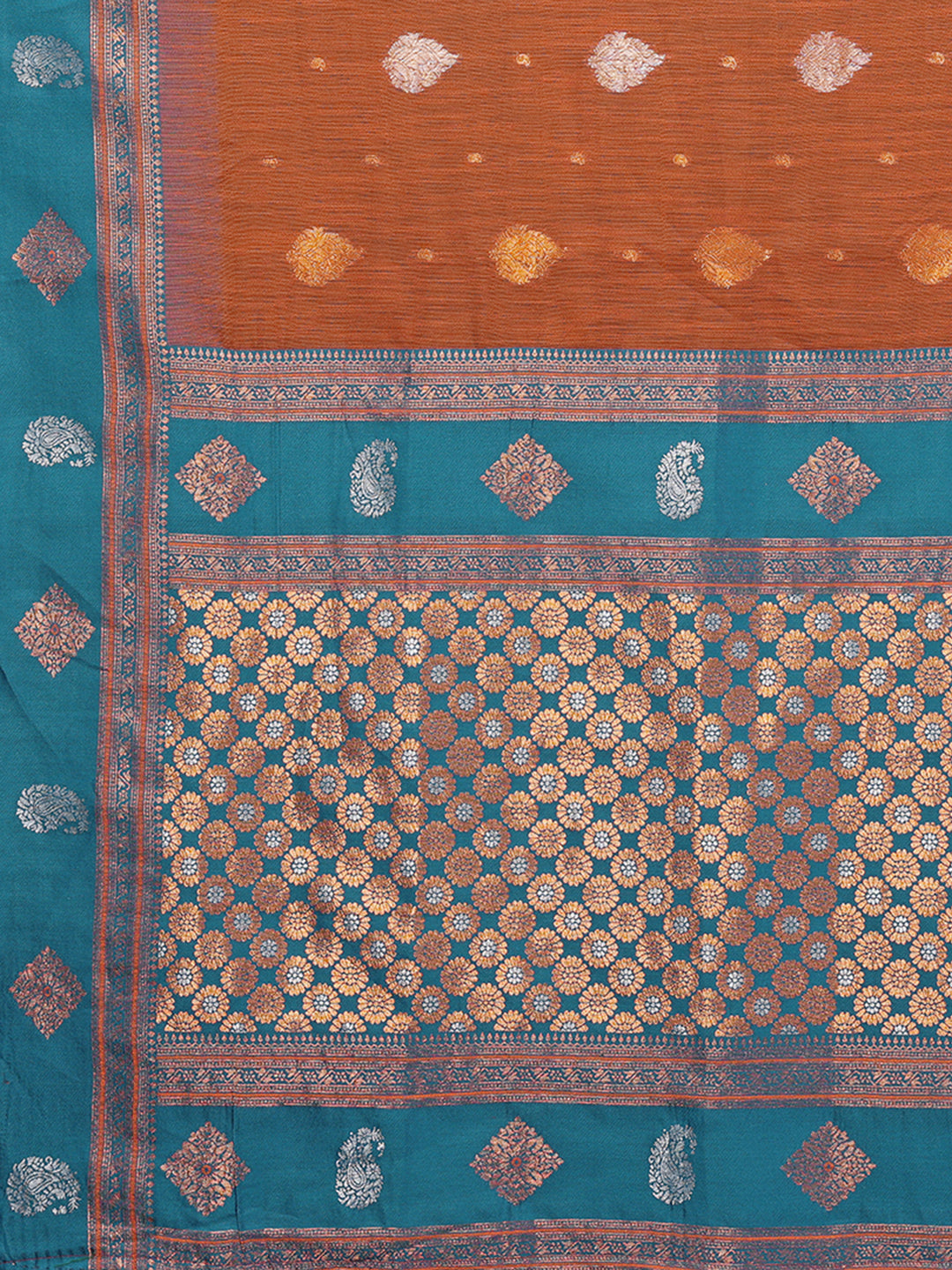 Janasya Rust Cotton Linen Paisley Kanjivaram Saree | Swadesiicart
