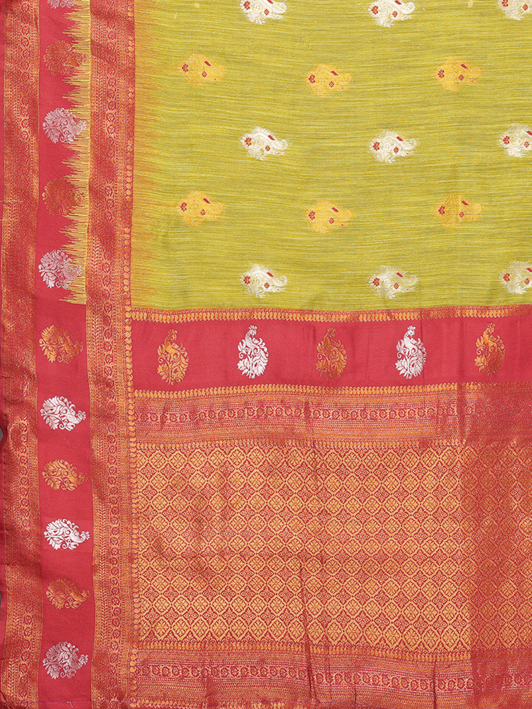 Janasya Mehndi Green Cotton Linen Ethnic Motifs Kanjivaram Saree | Swadesiicart