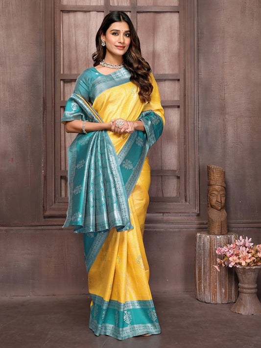 Janasya Yellow Silk Blend Checked Jacquard Border Saree | Swadesiicart