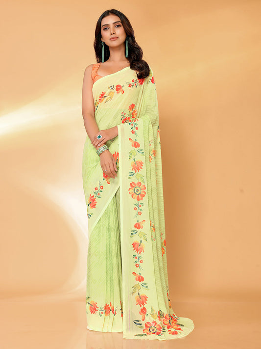 Janasya Light Green Georgette Floral Printed Saree | Swadesiicart