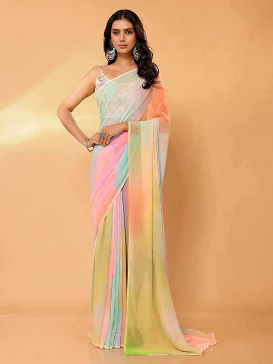 Janasya Multicolor Georgette Ombre Printed Saree | Swadesiicart
