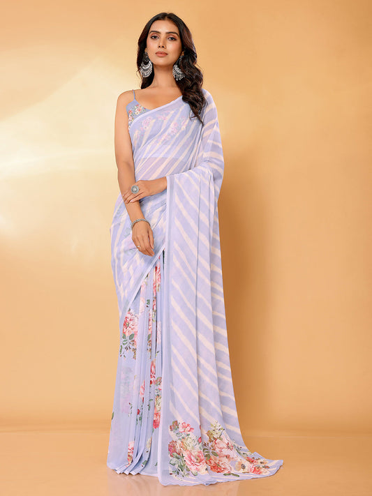 Janasya Lavender Georgette Floral Printed Saree | Swadesiicart