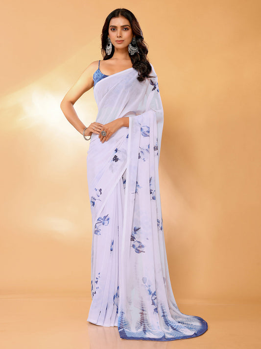 Janasya White Georgette Floral Printed Saree | Swadesiicart