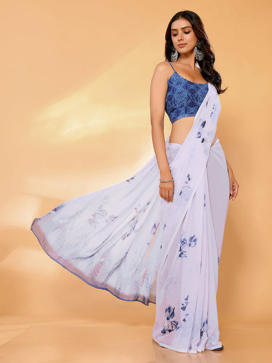 Janasya White Georgette Floral Printed Saree | Swadesiicart
