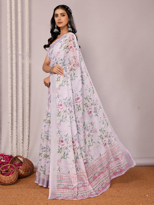 Janasya Lavender Cotton Linen Floral Printed Saree | Swadesiicart