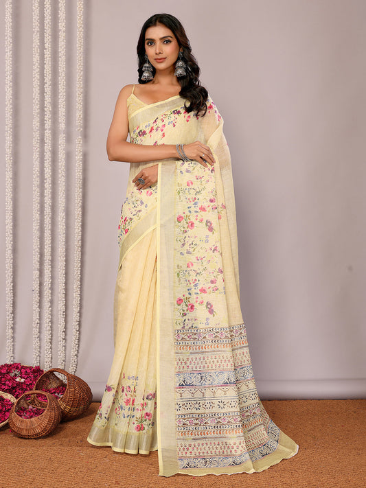 Janasya Light Yellow Cotton Linen Floral Printed Saree | Swadesiicart