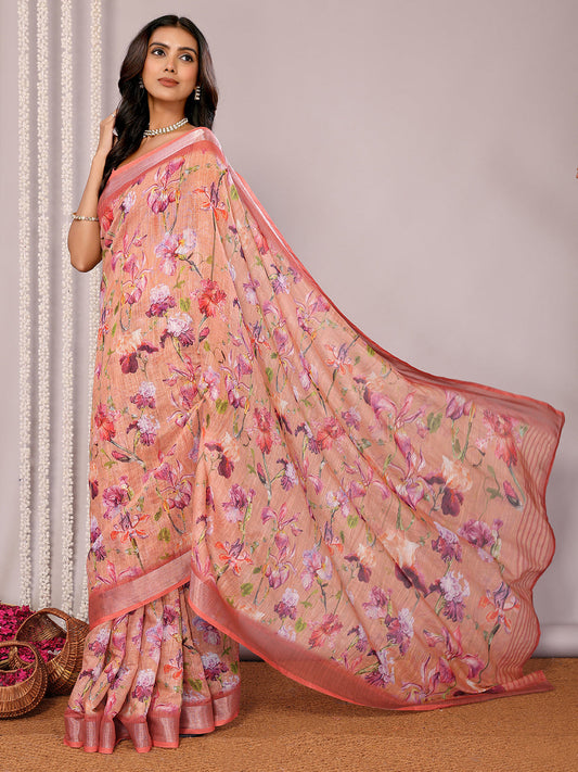 Janasya Peach Cotton Linen Floral Printed Saree | Swadesiicart
