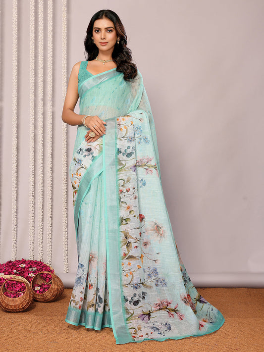 Janasya Sea Green Cotton Linen Floral Printed Saree | Swadesiicart