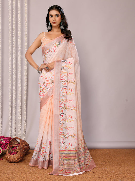 Janasya Peach Cotton Linen Floral Printed Saree | Swadesiicart