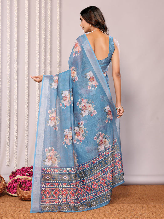 Janasya Blue Cotton Linen Floral Printed Saree | Swadesiicart