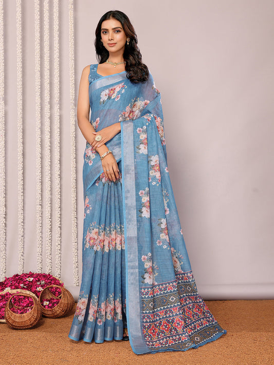 Janasya Blue Cotton Linen Floral Printed Saree | Swadesiicart