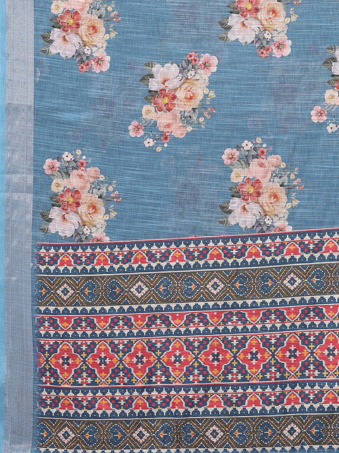 Janasya Blue Cotton Linen Floral Printed Saree | Swadesiicart
