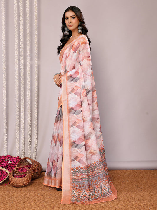 Janasya Peach Cotton Linen Abstract Printed Saree | Swadesiicart