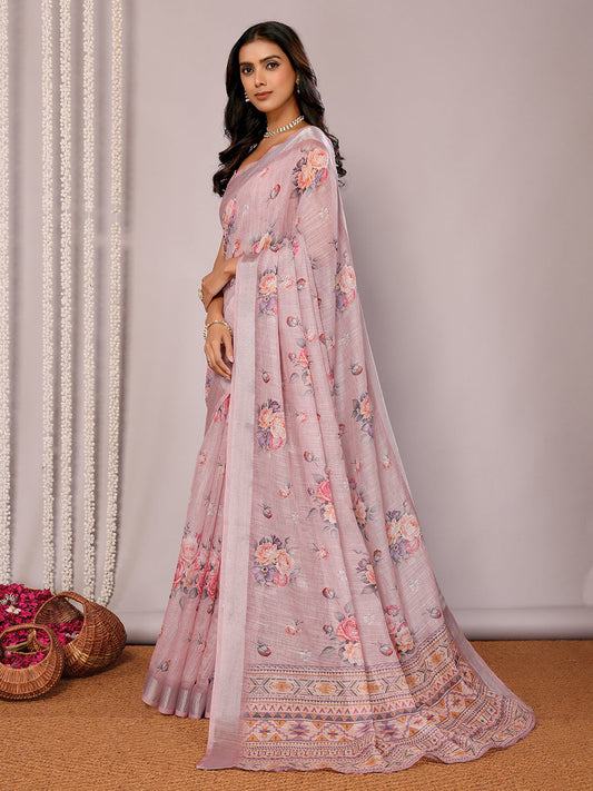 Janasya Mauve Cotton Linen Floral Printed Saree | Swadesiicart