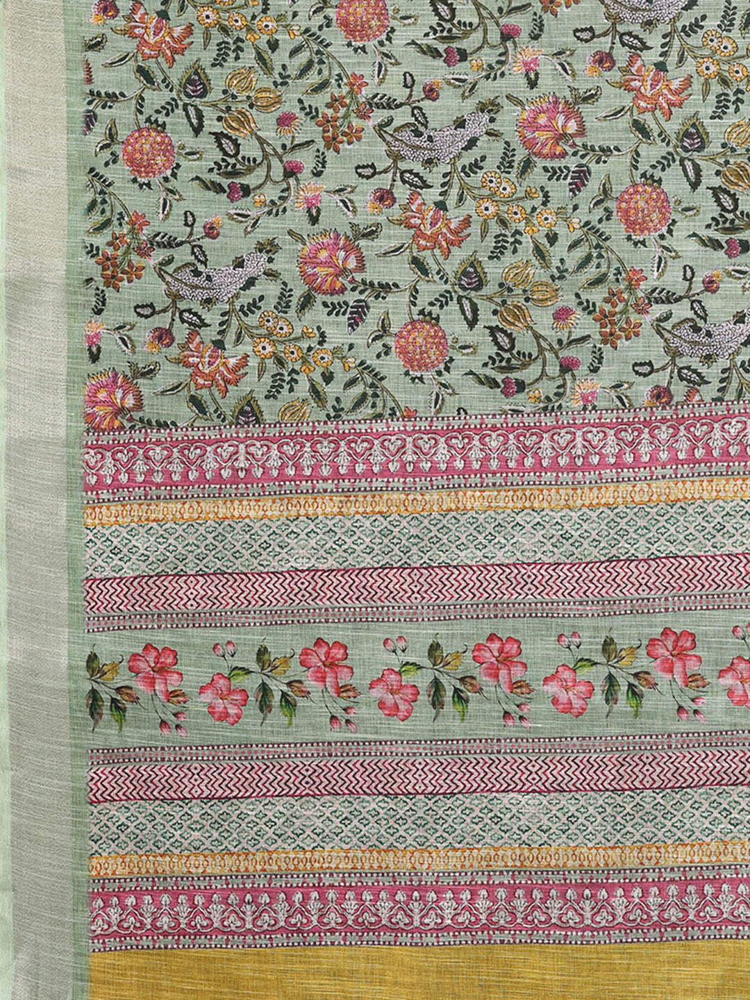 Janasya Sage Green Cotton Linen Floral Printed Saree | Swadesiicart