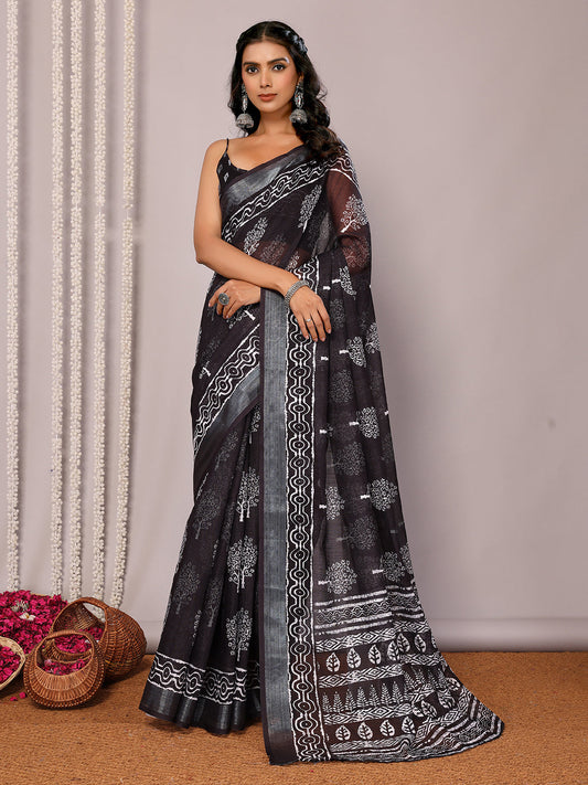 Janasya Black Cotton Linen Floral Printed Saree | Swadesiicart