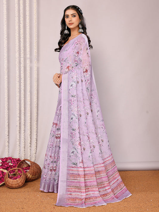 Janasya Lavender Cotton Linen Floral Printed Saree | Swadesiicart