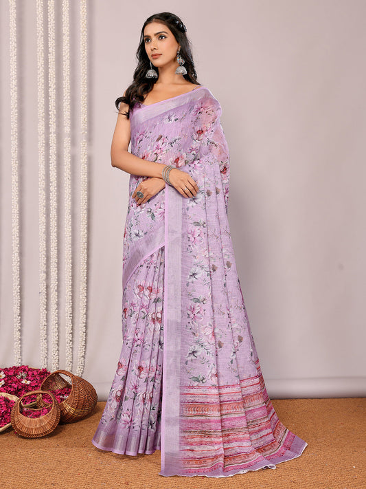 Janasya Lavender Cotton Linen Floral Printed Saree | Swadesiicart