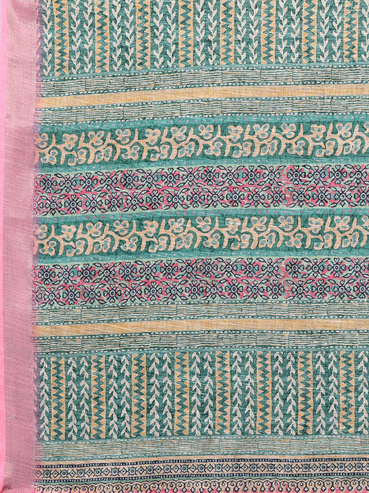 Janasya Green Cotton Linen Chevron Printed Saree | Swadesiicart