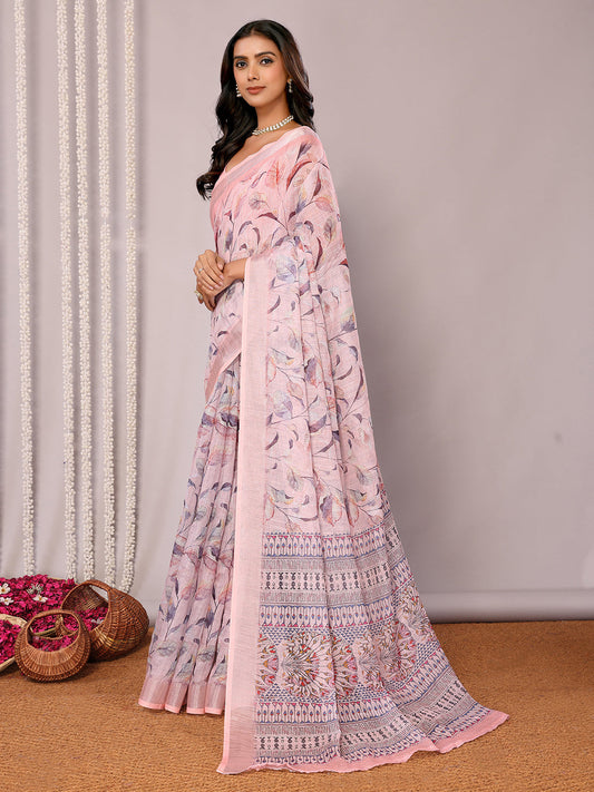 Janasya Light Pink Cotton Linen Floral Printed Saree | Swadesiicart