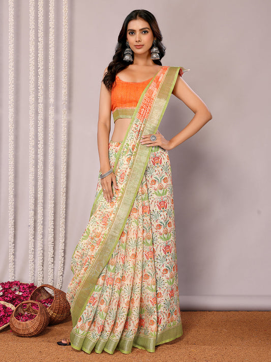 Janasya Light Green Cotton Linen Floral Printed Saree | Swadesiicart