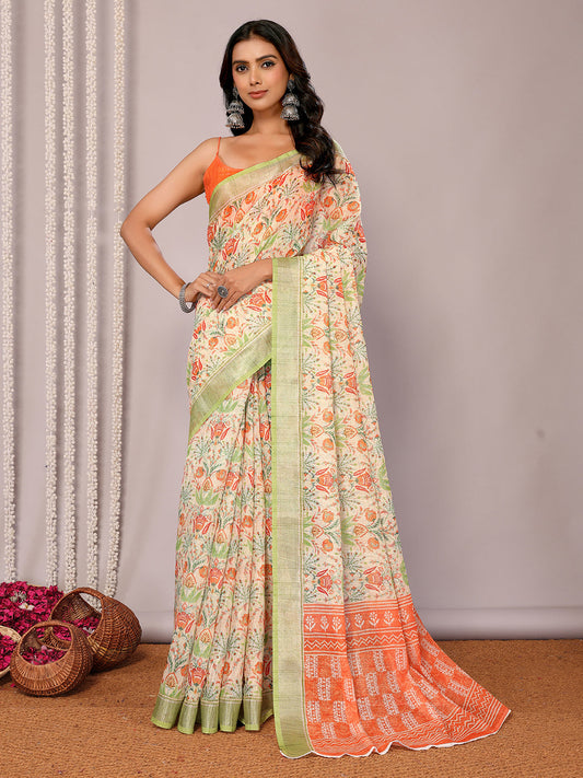 Janasya Light Green Cotton Linen Floral Printed Saree | Swadesiicart