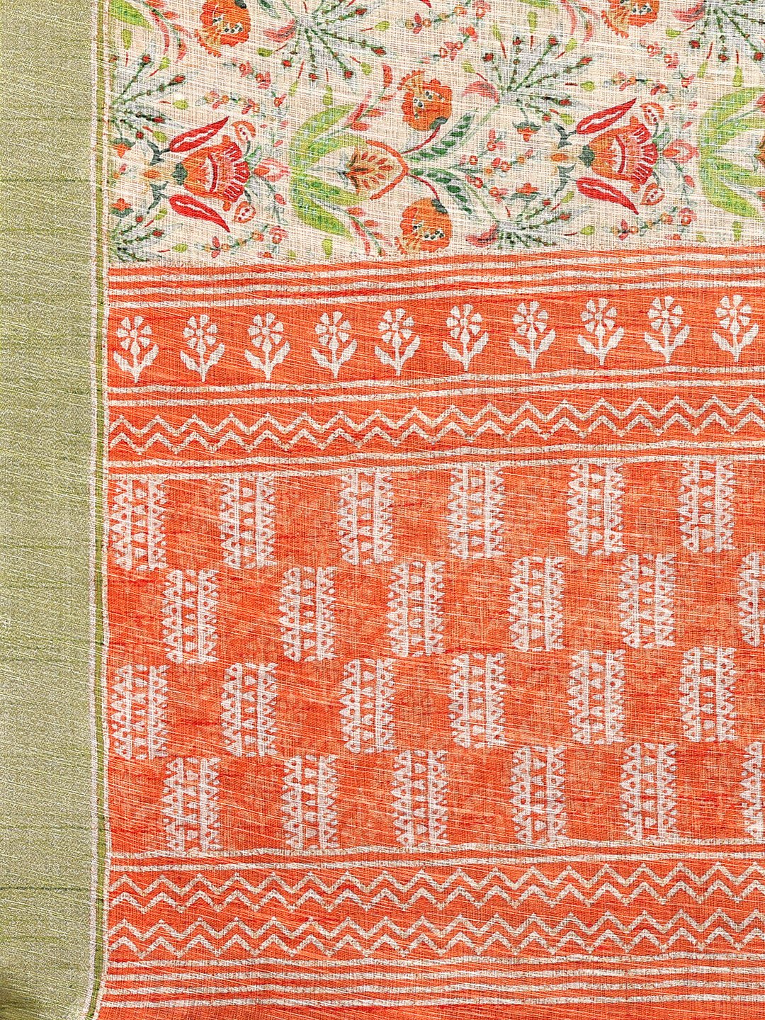 Janasya Light Green Cotton Linen Floral Printed Saree | Swadesiicart