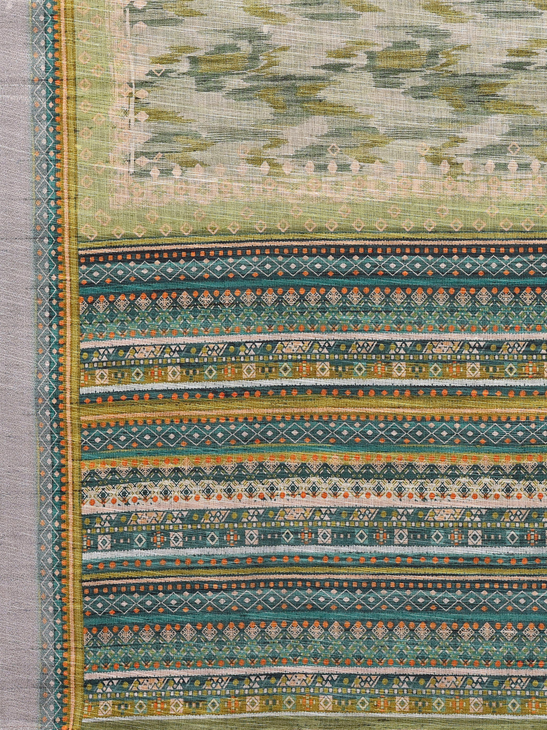 Janasya Sage Green Cotton Linen Abstract Printed Saree | Swadesiicart