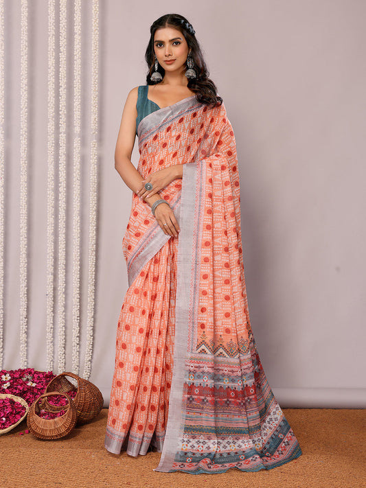 Janasya Orange Cotton Linen Block Print Printed Saree | Swadesiicart