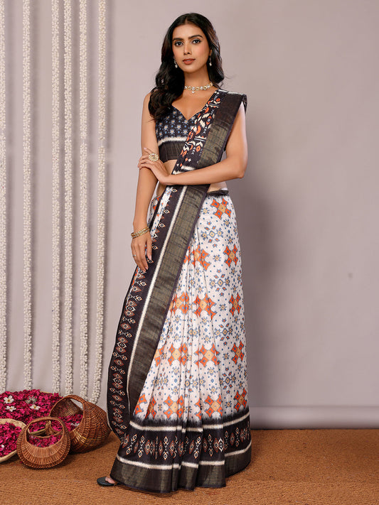 Janasya White & Black Chanderi Silk Ikkat Printed Saree | Swadesiicart