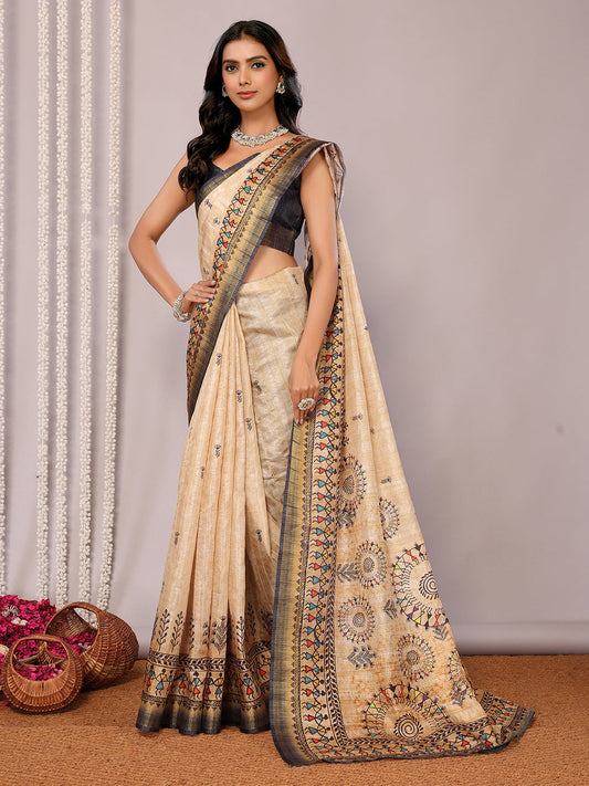 Janasya Beige Chanderi Silk Warli Print Printed Saree | Swadesiicart