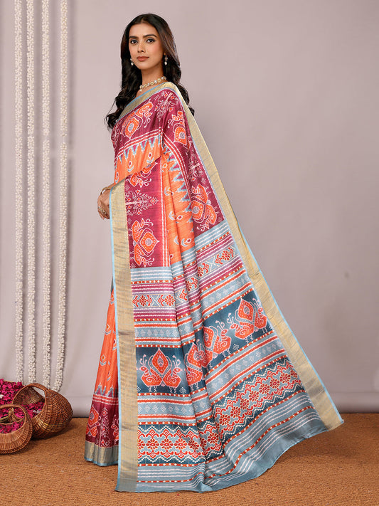 Janasya Orange Chanderi Silk Ikkat Printed Saree | Swadesiicart