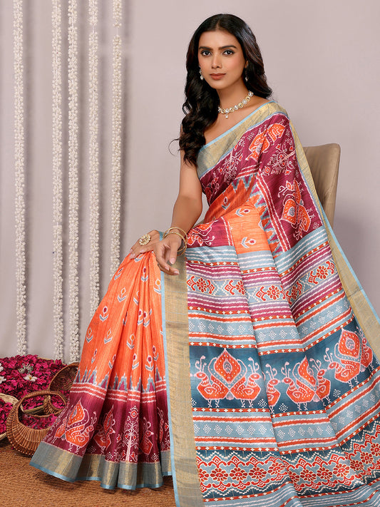 Janasya Orange Chanderi Silk Ikkat Printed Saree | Swadesiicart