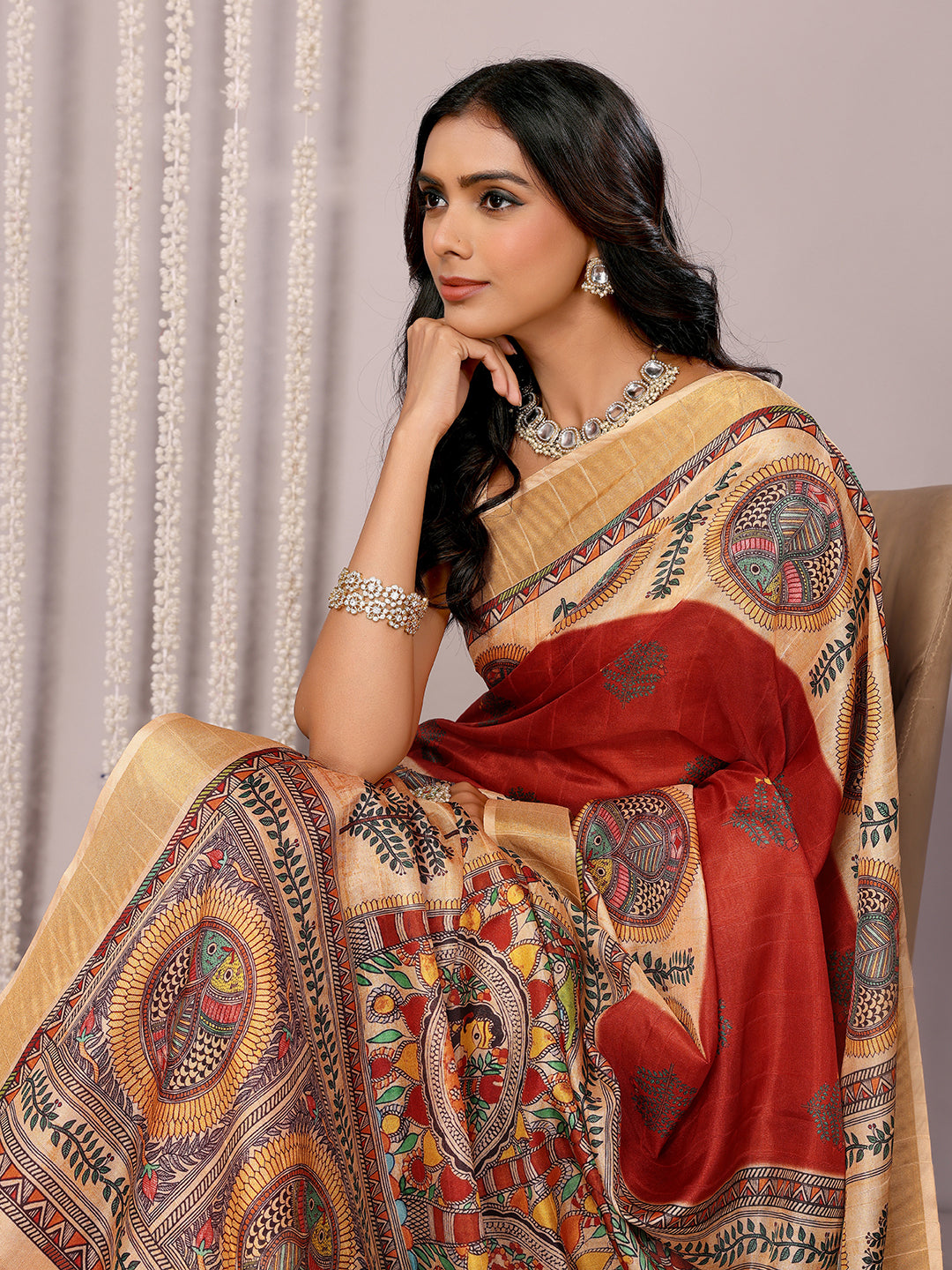 Janasya Maroon Chanderi Silk Ethnic Print Printed Saree | Swadesiicart
