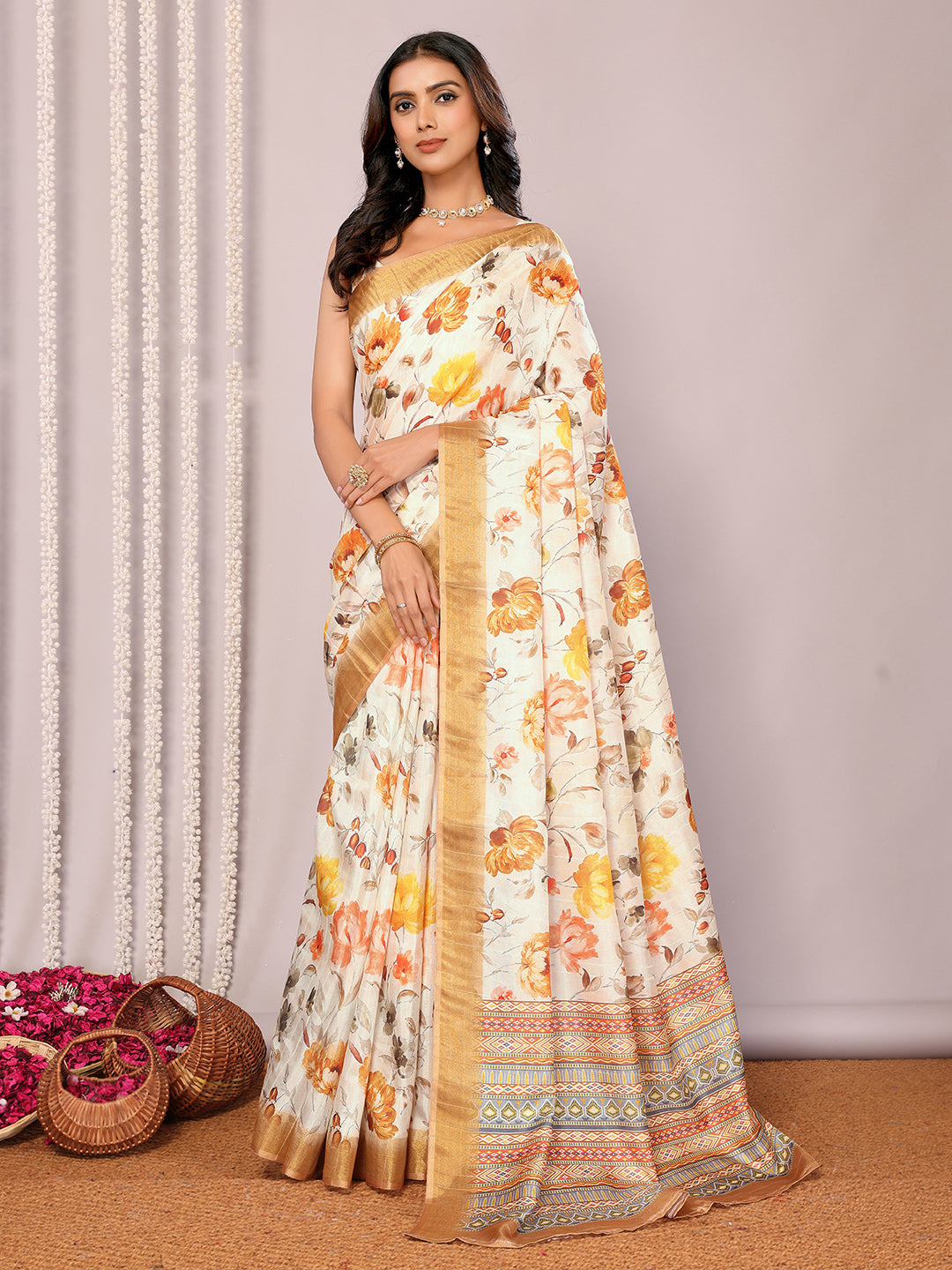 Janasya Cream Chanderi Silk Floral Printed Saree | Swadesiicart