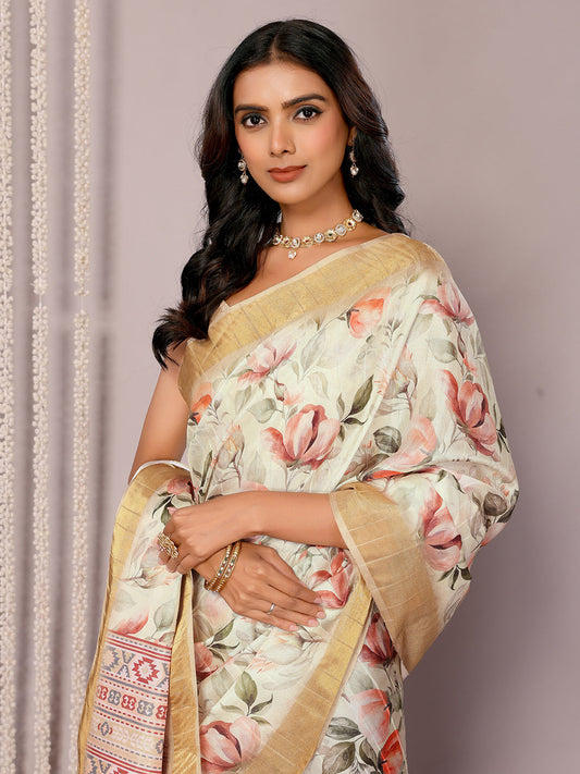 Janasya Cream Chanderi Silk Floral Printed Saree | Swadesiicart