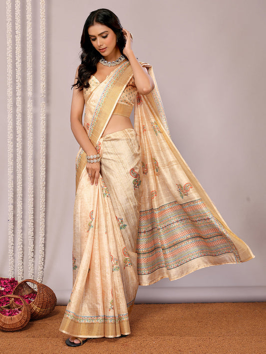 Janasya Beige Chanderi Silk Paisley Printed Saree | Swadesiicart