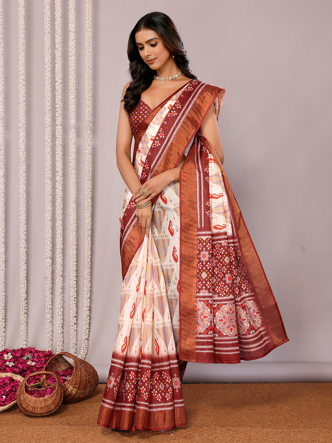 Janasya Cream Chanderi Silk Ikkat Printed Swadesiicart