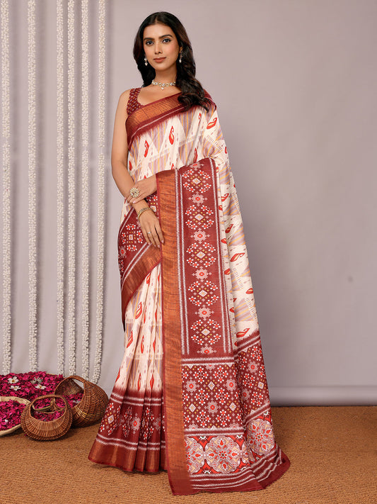 Janasya Cream Chanderi Silk Ikkat Printed Saree | Swadesiicart
