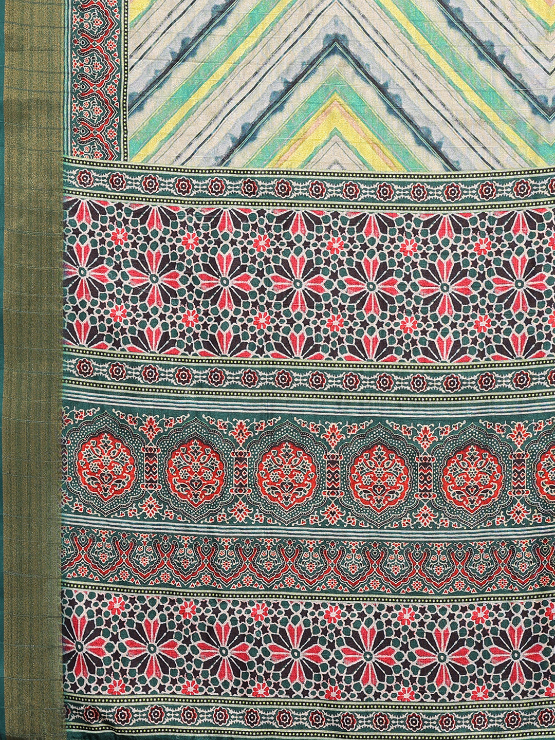 Janasya Green Chanderi Silk Chevron Printed Saree | Swadesiicart
