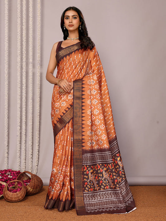 Janasya Orange Chanderi Silk Ikkat Printed Saree | Swadesiicart