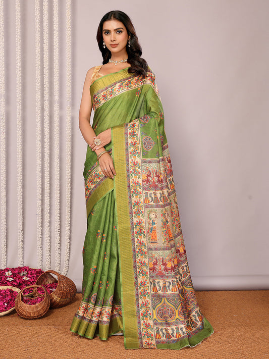Janasya Green Chanderi Silk Kalamkari Printed Saree | Swadesiicart